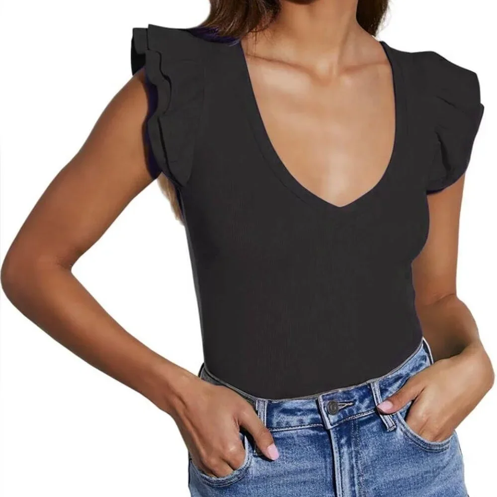 Lightweight Ribbed Knit Women's Sleeveless Ruffle Top - Perfect Summer Essential - Picture 2 of 5